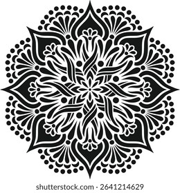 An abstract black and white floral mandala pattern vector illustration offers a decorative, seamless, and ornate design element