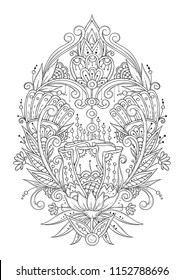 Abstract black and white floral ornament. Can be used for tattooing, drawing henna, design, printing on fabric. Coloring page for children and adults.