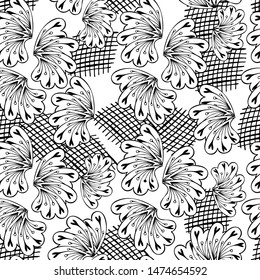 Abstract black and white floral pattern. Seamless pattern. Separate abstract flower buds and mesh.