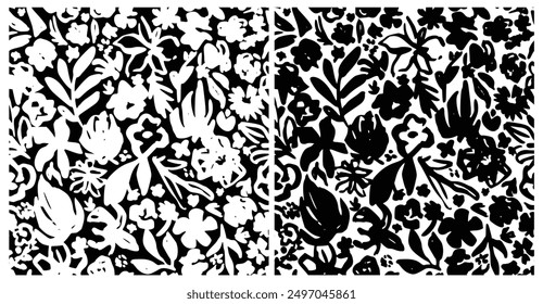 Abstract Black, White Floral Pattern with Ink Hand Drawn Flowers. Monochrome Freehand Ditsy Chamomile, Peony, Rose, Bloom Wallpaper. Pretty Brush Stroke Flower Seamless Pattern. Tropical Foliage Print