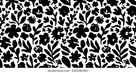 Abstract Black, White Floral Pattern with Ink Hand Drawn Flowers. Monochrome Freehand Ditsy Chamomile, Peony, Rose, Bloom Wallpaper. Pretty Brush Stroke Flower Seamless Pattern. Tropical Foliage Print