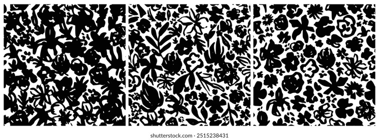 Abstract Black, White Floral Pattern with Ink Hand Drawn Flowers. Monochrome Freehand Ditsy Chamomile, Peony, Rose, Bloom Wallpaper. Pretty Brush Stroke Flower Seamless Pattern. Tropical Foliage Print