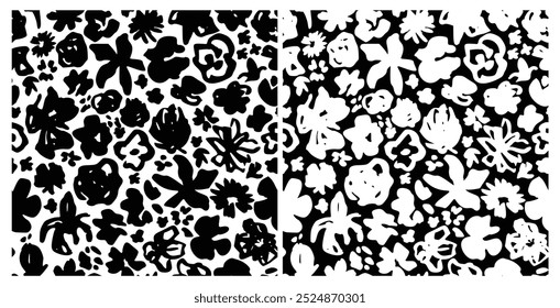 Abstract Black, White Floral Pattern with Ink Hand Drawn Flowers. Monochrome Freehand Ditsy Chamomile, Peony, Rose, Bloom Wallpaper. Pretty Brush Stroke Flower Seamless Pattern. Tropical Foliage Print