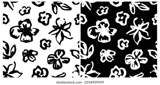 Abstract Black, White Floral Pattern with Ink Hand Drawn Flowers. Monochrome Freehand Ditsy Chamomile, Peony, Rose, Bloom Wallpaper. Pretty Brush Stroke Flower Seamless Pattern. Tropical Foliage Print