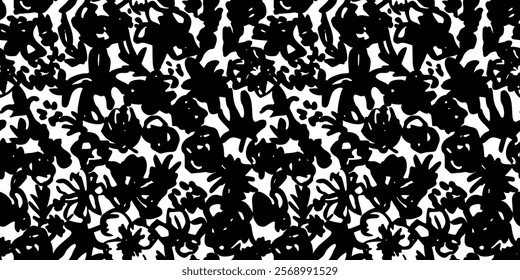 Abstract Black, White Floral Pattern with Ink Hand Drawn Flowers. Monochrome Freehand Ditsy Chamomile, Peony, Rose, Bloom Wallpaper. Pretty Brush Stroke Flower Seamless Pattern. Tropical Foliage Print