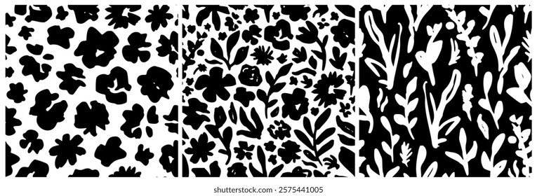 Abstract Black, White Floral Pattern with Ink Hand Drawn Flowers. Monochrome Freehand Ditsy Chamomile, Peony, Rose, Bloom Wallpaper. Pretty Brush Stroke Flower Seamless Pattern. Tropical Foliage Print