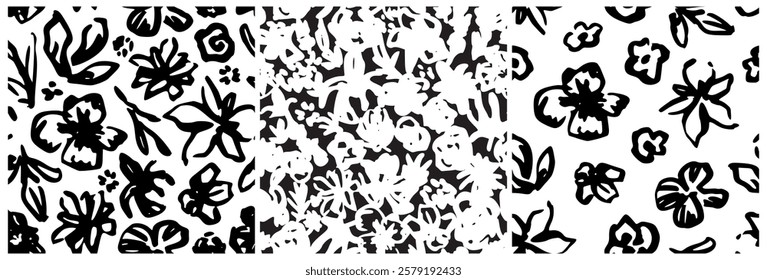 Abstract Black, White Floral Pattern with Ink Hand Drawn Flowers. Monochrome Freehand Ditsy Chamomile, Peony, Rose, Bloom Wallpaper. Pretty Brush Stroke Flower Seamless Pattern. Tropical Foliage Print