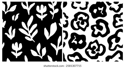 Abstract Black, White Floral Pattern with Ink Hand Drawn Flowers. Monochrome Freehand Ditsy Chamomile, Peony, Rose, Bloom Wallpaper. Pretty Brush Stroke Flower Seamless Pattern. Tropical Foliage Print