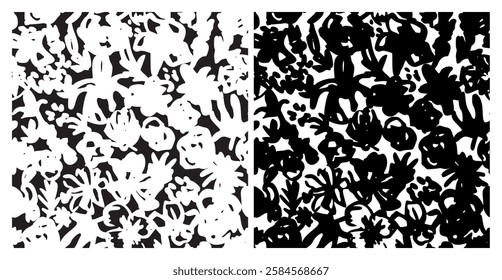 Abstract Black, White Floral Pattern with Ink Hand Drawn Flowers. Monochrome Freehand Ditsy Chamomile, Peony, Rose, Bloom Wallpaper. Pretty Brush Stroke Flower Seamless Pattern. Tropical Foliage Print