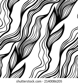 Abstract black and white floral seamless pattern with wavy lines