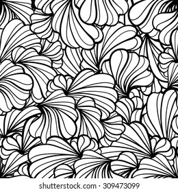 Abstract black and white floral shapes vector seamless pattern. 