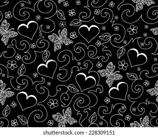 Abstract black and white floral valentine vector seamless pattern