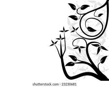 Un diseño abstracto de vector floral en blanco y negro con un árbol estilizado a la derecha con espacio para texto