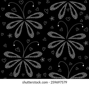 Abstract black and white floral vector seamless pattern with figured moths. Endless texture