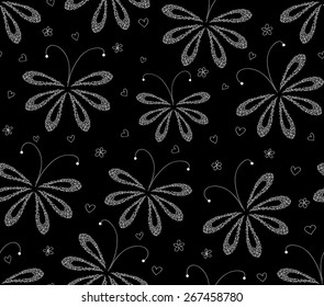 Abstract black and white floral vector seamless pattern with figured moths. Endless texture