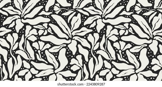 Abstract black and white flower art seamless pattern. Trendy contemporary floral nature shape background illustration. Natural organic plant leaves artwork wallpaper print. Vintage spring texture.