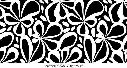 Abstract black and white flower art seamless pattern. Trendy contemporary floral nature shape background illustration. Natural organic plant leaves artwork wallpaper print. Vintage spring texture.