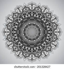 Abstract black and white flower round vector ornament.