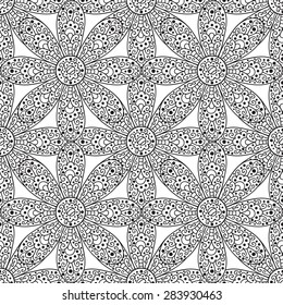 Abstract black and white flower vector seamless pattern.