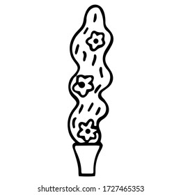 Abstract black and white flowering houseplant with open flower buds in a pot. Hand drawing. Vector.