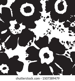 Abstract black and white flowers pattern background. Hand drawn  cute flowers. nice flowers for make silk screen print