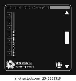 Abstract Black and White Frame Template Background of Futuristic Interface Dialog with Typography of ' Objective', Cyberpunk Style