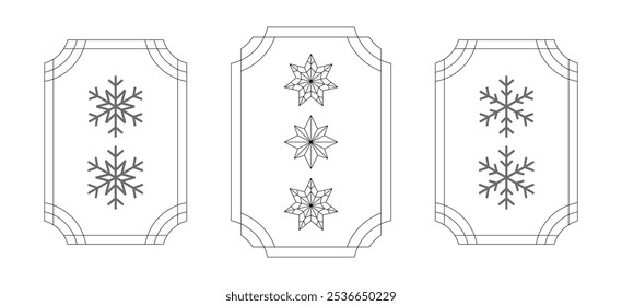 abstract black white frames. geometric star texture background. traditional snowflakes pattern set. Christmas styled concept.