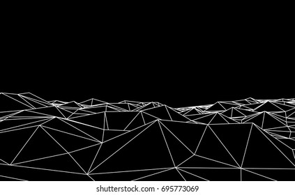 Abstract black and white futuristic 3D map. 3D space landscape background. Modern vector wireframe banner. 