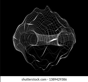 Abstract black and white generative art background with glitched sphere, torus. Conceptual illustration of high-tech/ cyberpunk technologies of future/ virtual reality.