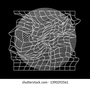 Abstract black and white generative art background with glitched grid wireframe. Conceptual illustration of high-tech/ cyberpunk technologies of future/ virtual reality.