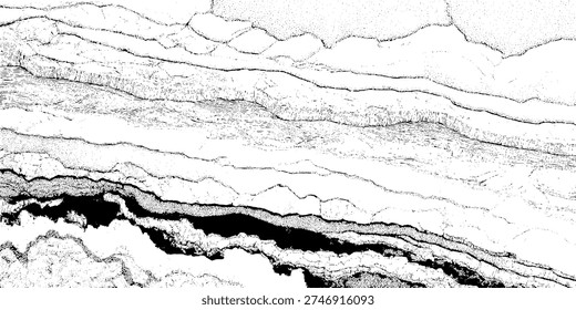 Abstract black and white geological strata pattern, hand-drawn ink texture of sedimentary rock layers and marble veins, topographical maps, or marbled paper.