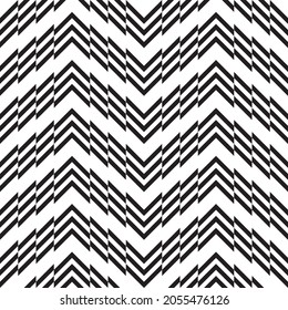 Abstrakter, geometrischer schwarz-weißer Hintergrund mit gestreiftem Zag-Effekt. Optische Verzierungen für Tapeten, Umschlagpapier, Modegewebe, Textilien, Stoffe, Innendekoration