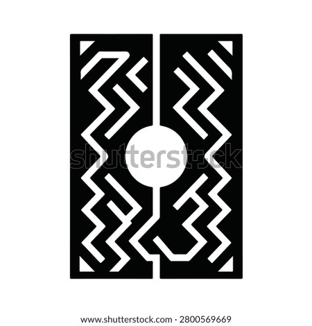 Abstract black and white geometric circuit pattern with central circle and symmetrical jagged line maze for technology illustration