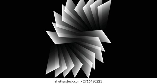 Abstract black and white geometric design featuring a swirling pattern of angular, overlapping shapes with gradient shading on a dark background, creating an optical illusion.