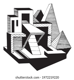 Abstract black and white geometric line composition cube, pyramid, line, form