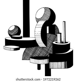 Abstract black and white geometric line composition circles, cylinders, line, form