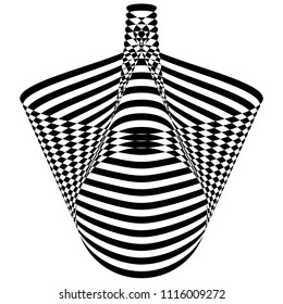 Abstract black and white geometric object. Geometric pattern with visual distortion effect. Optical illusion. Op art. Isolated on white background.