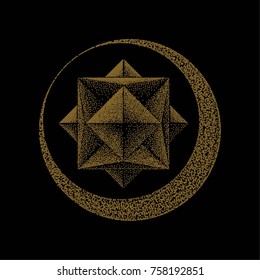 Abstract Black and White Geometric Object. Eight-Pointed Template of Star with Circle. Halftone Dots Design Element. Vector 3D. Illustration