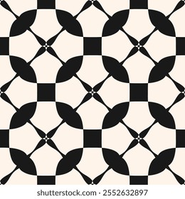 Abstract black and white geometric ornament. Simple vector seamless pattern with flower silhouettes, checkered grid, lattice, crossing lines. Elegant oriental style background. Monochrome geo texture