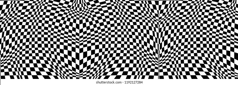 Abstract Black and White Geometric Pattern with Squares. Contrasty Optical Psychedelic Illusion. Panoramic Chessboard Wicker Texture. Vector Illustration