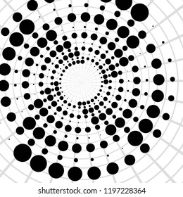 Abstract Black and White Geometric Pattern with Circles. Spiral-like Spotted Tunnel. Contrasty Optical Psychedelic Illusion. Vector. 3D Illustration