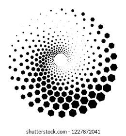 Abstract Black and White Geometric Pattern with Hexagons. Spiral-like Spotted Tunnel. Contrasty Optical Psychedelic Illusion. Vector Illustration