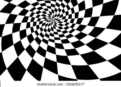 Abstract Black and White Geometric Pattern with Squares. Checkered Optical Psychedelic Illusion. Spiral Tunnel. Vector. 3D Illustration