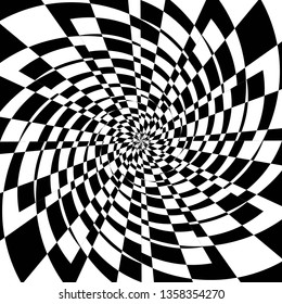 Abstract Black and White Geometric Pattern with Squares. Checkered Optical Psychedelic Illusion. Spiral Tunnel. Vector. 3D Illustration