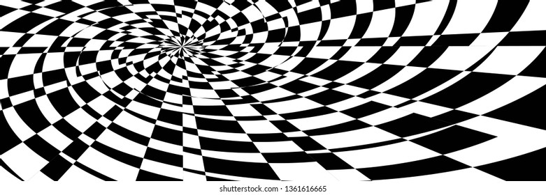 Abstract Black and White Geometric Pattern with Squares. Checkered Optical Psychedelic Illusion. Spiral Tunnel. Vector. 3D Illustration