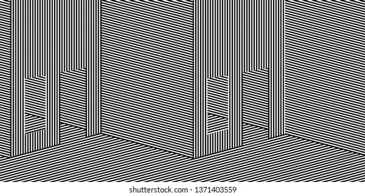 Abstract Black and White Geometric Pattern with Walls. Striped Texture of Building. Vector. 3D Illustration