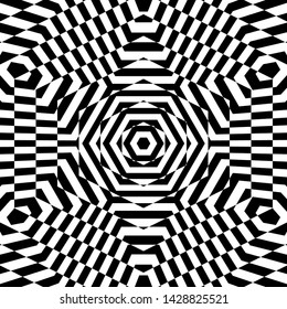 Abstract Black and White Geometric Pattern with Polygons. Contrasty Optical Psychedelic Illusion. Checkered Hexagonal Texture. Vector Illustration