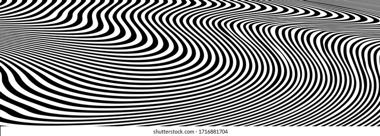 Abstract Black and White Geometric Pattern with Waves. Striped Optical Psychedelic Texture. Vector. 3D Illustration