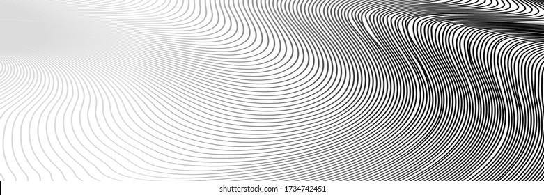 Resumen del patrón geométrico blanco y negro con ondas. Textura espiral rayada. Ilusión psicodélica hipnótica. Ilustración vectorial