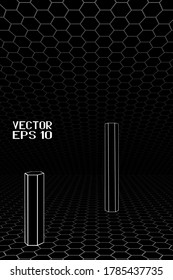 Abstract Black and White Geometric Pattern with Hexagons and Two Pillars. Polygonal Structural Texture of the Floor. Vector. 3D Illustration